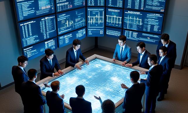 現代的な金融サービスオフィスでディスカッションする金融アナリスト